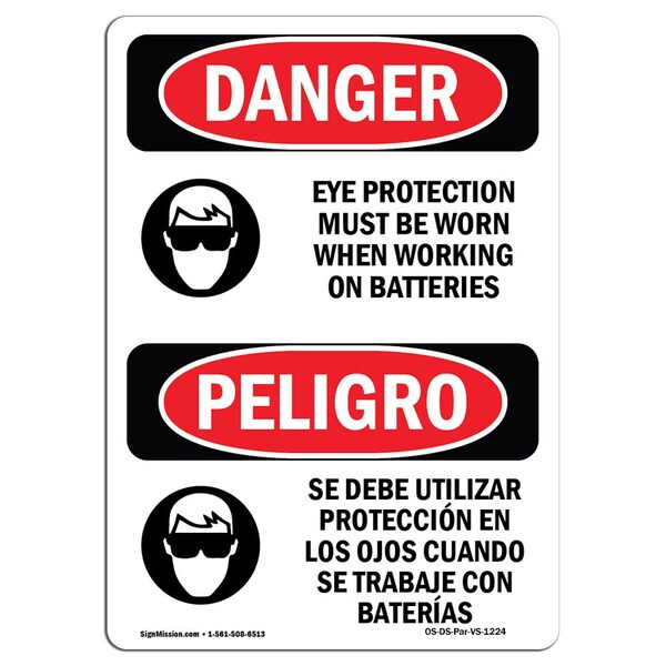OSHA Sign, Eye Protection Must Worn Bilingual, 24in X 18in Rigid Plastic, 18" W, 24" H, Spanish